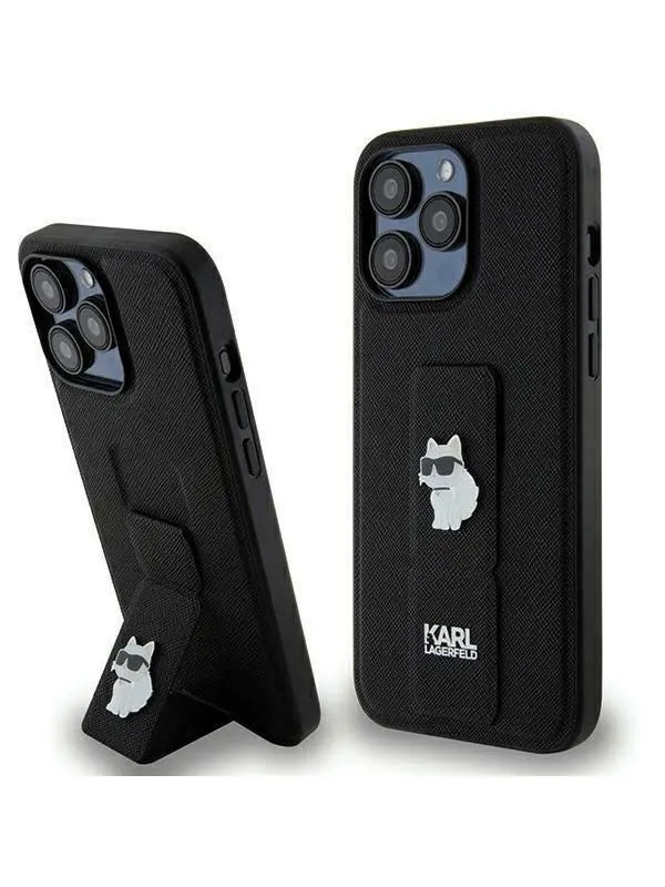 Karl Lagerfeld Gripstand Saffiano Choupette Pins Case for iPhone 13 Pro / 13 - Black