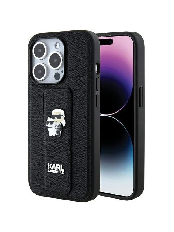Karl Lagerfeld Gripstand Saffiano Karl&Choupette Pins case for iPhone 15 Pro - black