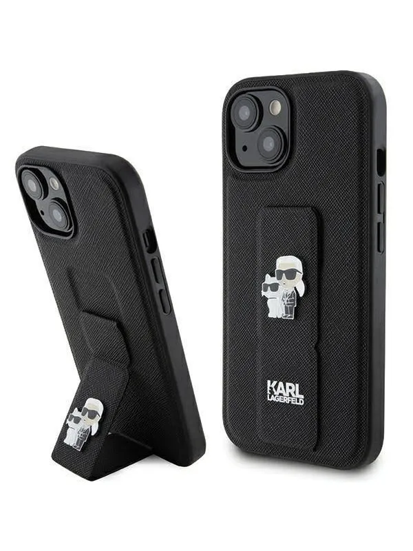 Karl Lagerfeld Gripstand Saffiano Karl&Choupette Pins case for iPhone 15 - black