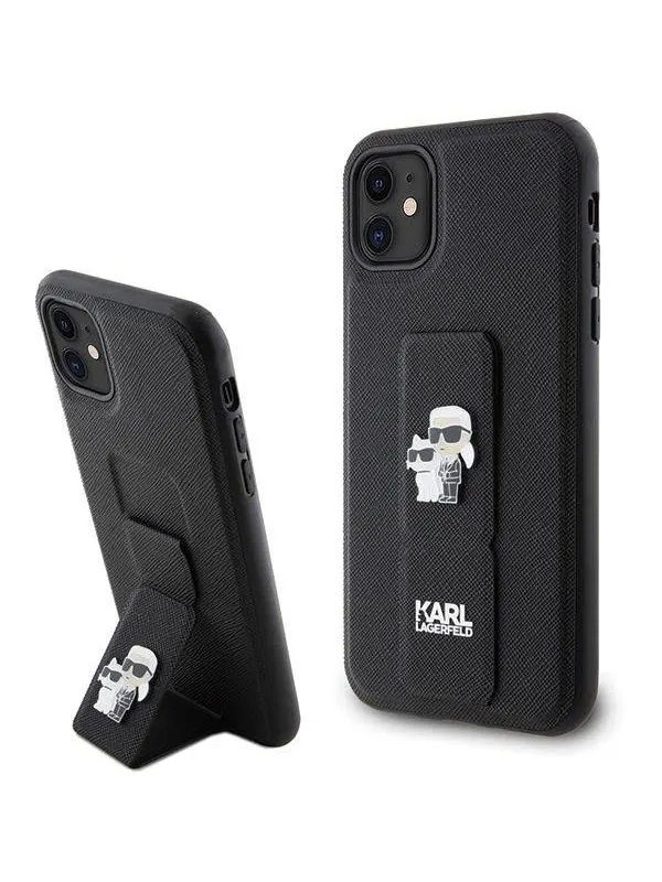 Karl Lagerfeld Gripstand Saffiano Karl&Choupette Pins case for iPhone 11 / Xr - black