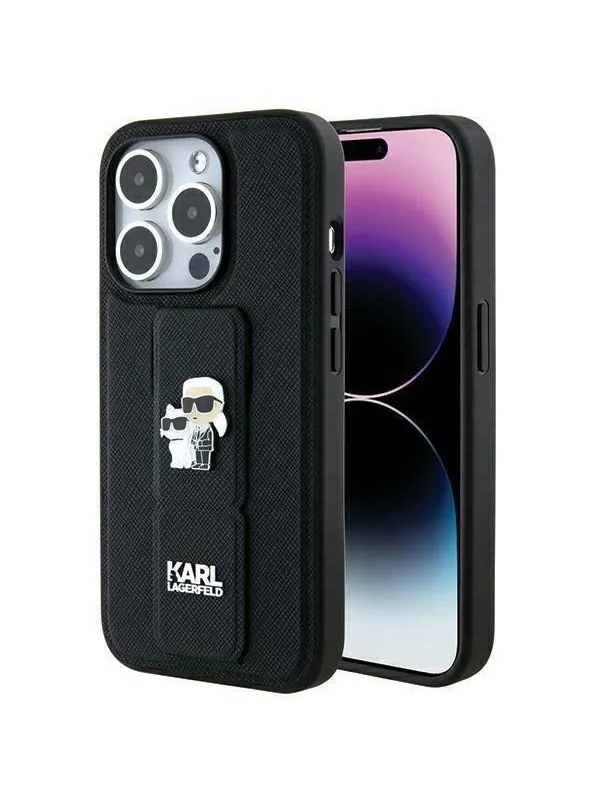 Karl Lagerfeld Gripstand Saffiano Karl&Choupette Pins case for iPhone 14 Pro - black