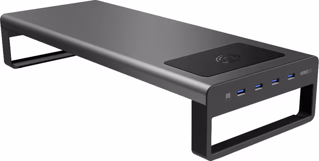 Essentials skjermstativ med 4 USB‑porter og Qi‑lading