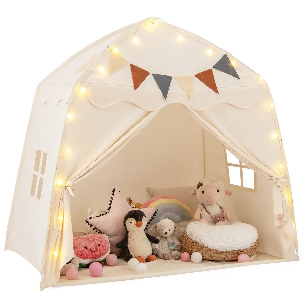 Leketelt for barn med flagg og lys, stort beige lekehus
