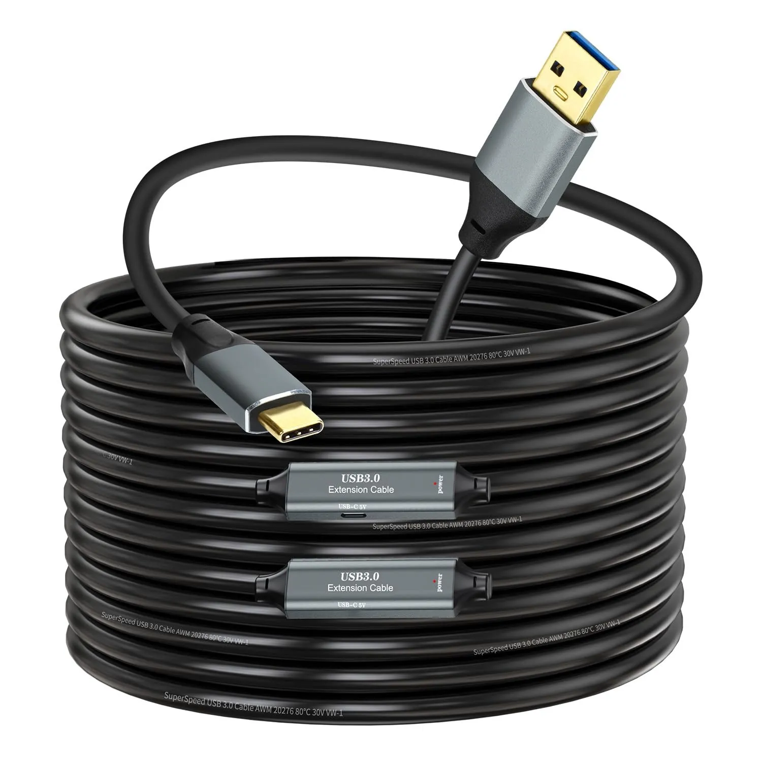 NÖRDIC 20m Aktiv USB 3.0 A til C Kabel, 5Gbps Super Speed USB-kabel Kompatibel med VR, Kamera, Dokkingstasjon og mer