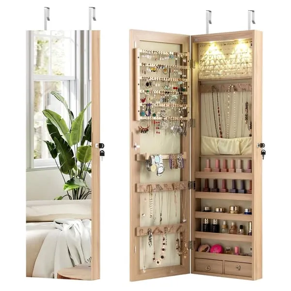 Smykkeskap med speil og LED-belysning for vegg eller dør 120x35,5cm - Beige