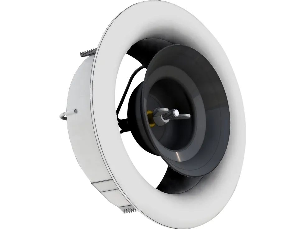 LINDAB Ventilhus AIRYB Ø125 mm til AIRYFB frontplade. Monteres i kanalsystem, farve RAL9003. Anvendes til både indblæsning og udsugning.