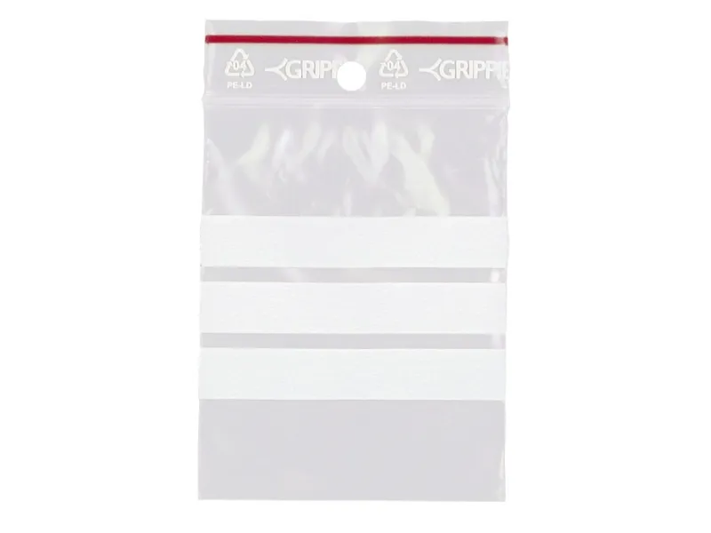 Lynlåspose, Grippie, 50 µm, 60 x 80 mm LD-PE, Transparent, med skrivefelt lynlåslukning, pakke a 100