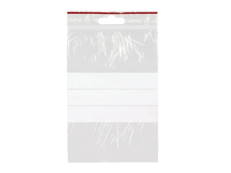 Lynlåspose, Grippie, 50 µm, 100 x 150 mm LD-PE, Transparent, med skrivefelt lynlåslukning, pakke a 1