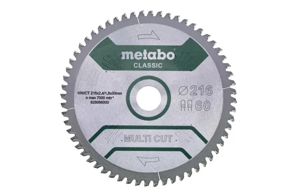 Metabo 628066000, Aluminium, Sponplate, Kopper, Laminat, MDF, Plast, Kryssfiner, Tre, 21,6 cm, 3 cm, Tungsten Carbide Tipped (TCT), 1,8 mm, 7000 RPM