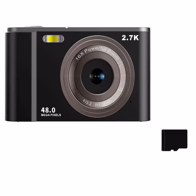 Digitalkamera 2,7K 48MP 1080P, 16x zoom, 32 GB minnekort Sort