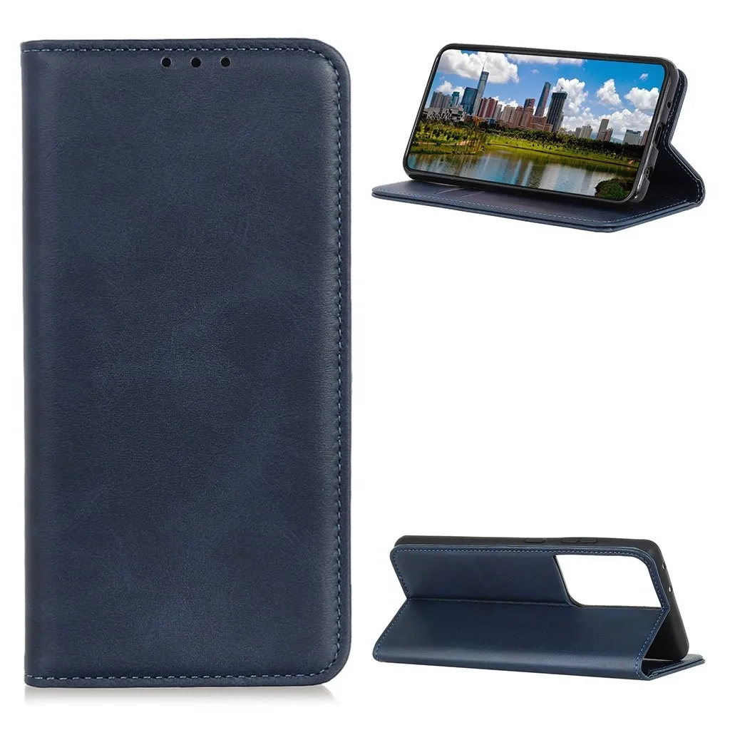 Flip Etui med Pung i Ekte Lær til Samsung Galaxy S21 Ultra - Blå