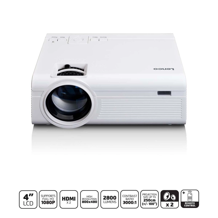Lenco LCD-projektor med høy oppløsning, støtter Full HD 1080P-innhold Hvit