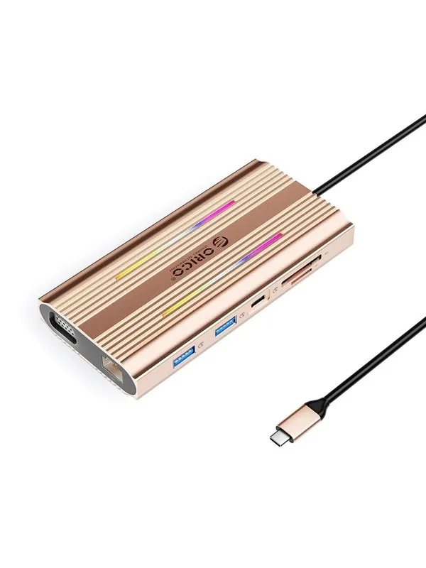 ORICO XDR 12in1 RGB USB-C Docking Station 3x USB-A USB-C PD 100W HDMI 4K VGA RJ45 Gigabit SD and microSD Card Reader - Rose Gold USB-hub - USB 3.1 - 12 porter