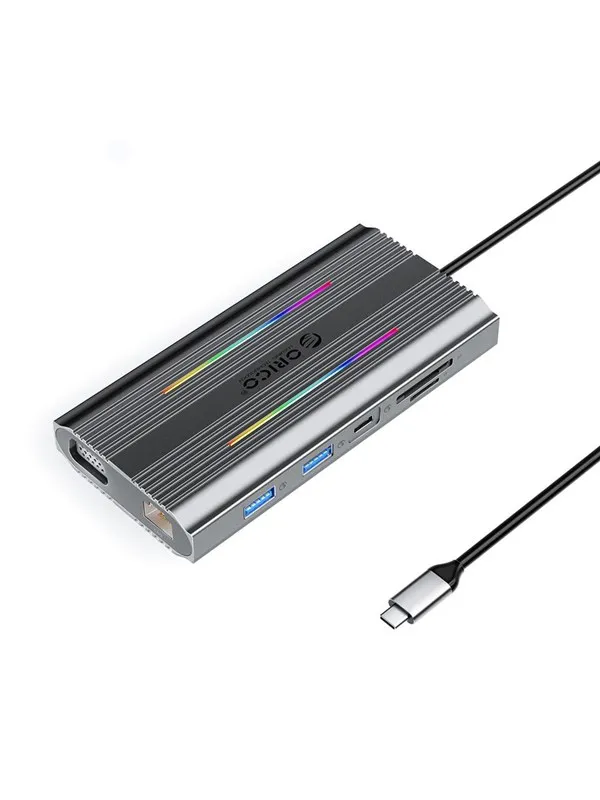 ORICO XCR 12in1 RGB USB-C Docking Station 3x USB-A USB-C PD 100W HDMI 4K VGA RJ45 Gigabit SD and microSD Card Reader - Gray USB-hub - USB 3.1 - 12 porter - Grå