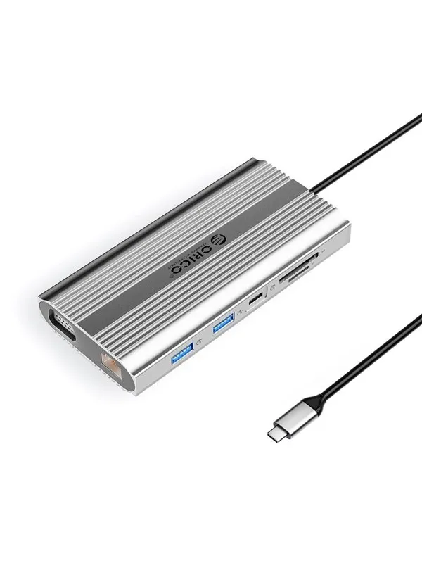 ORICO XDR 12in1 USB-C Docking Station USB-A USB-C HDMI 4K VGA RJ45 Gigabit PD 100W SD and microSD Card Reader - Silver USB-hub - USB 3.1 - 12 porter - Grå