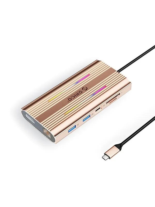 ORICO XDR 12in1 RGB USB-C Docking Station USB-A USB-C 2x HDMI 4K 60 Hz DisplayPort 4K 60 Hz RJ45 Gigabit PD 100W SD and microSD Card Reader - Rose Gold USB-hub - USB 3.1 - 12 porter