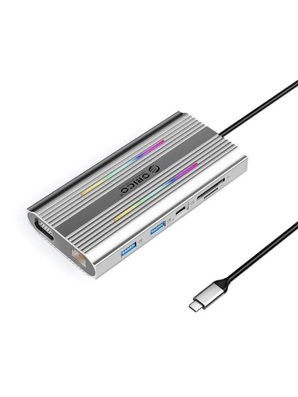 ORICO XCR 12in1 RGB USB-C Docking Station 3x USB-A USB-C PD 100W HDMI 4K VGA RJ45 Gigabit SD and microSD Card Reader - Silver USB-hub - USB 3.1 - 12 porter - Grå