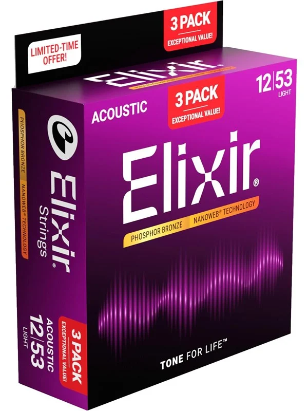 Elixir Strings 16569 - Phosphor Bronze - Akustiske strenger - Nanoweb - Light (12-53) - 3-pakning