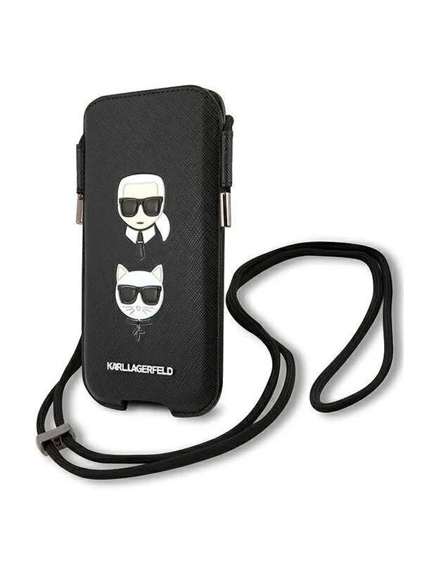 Karl Lagerfeld Saffiano Ikonik Karl&Choupette Head 6.1'' Handbag - Black