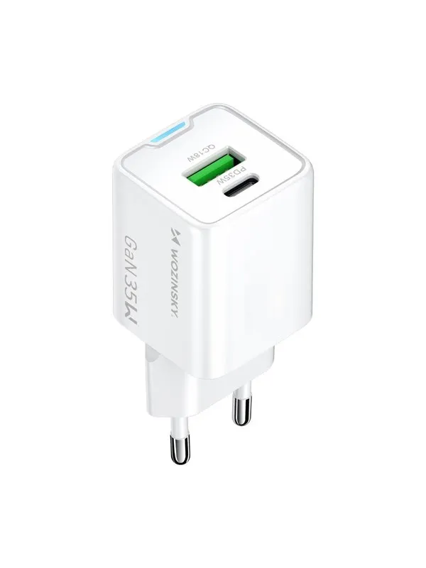 Wozinsky WWC-35W GaN USB-A + USB-C vegglader - Hvit