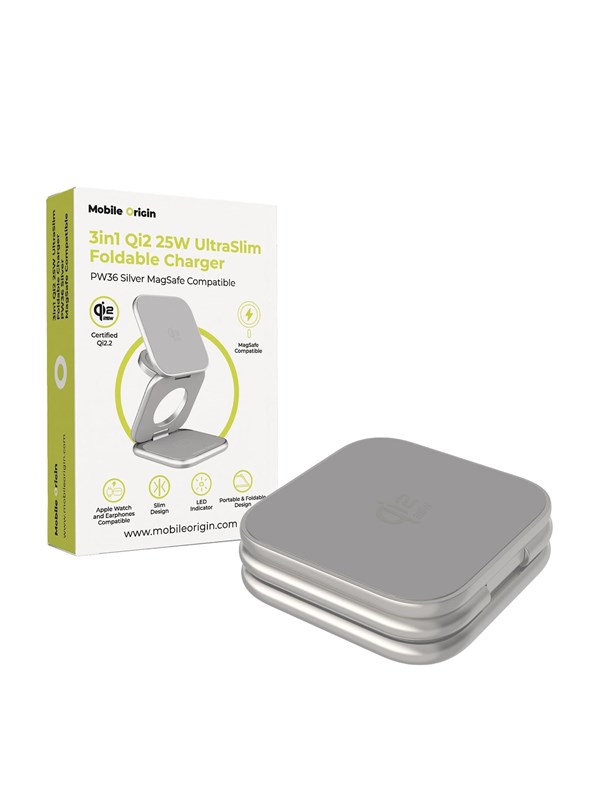 Mobile Origin 3in1 Qi2 25W UltraSlim Foldable Charger PW36 MagSafe Compatible Silver