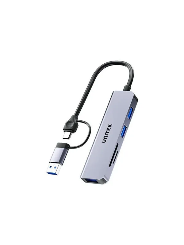 Unitek uHUB P5+ H1320A - hub - 5-in-1 5 Gbps with SD and micro SD card reader - 3 ports USB-hub - USB 3.2 - 3 porter - Grå