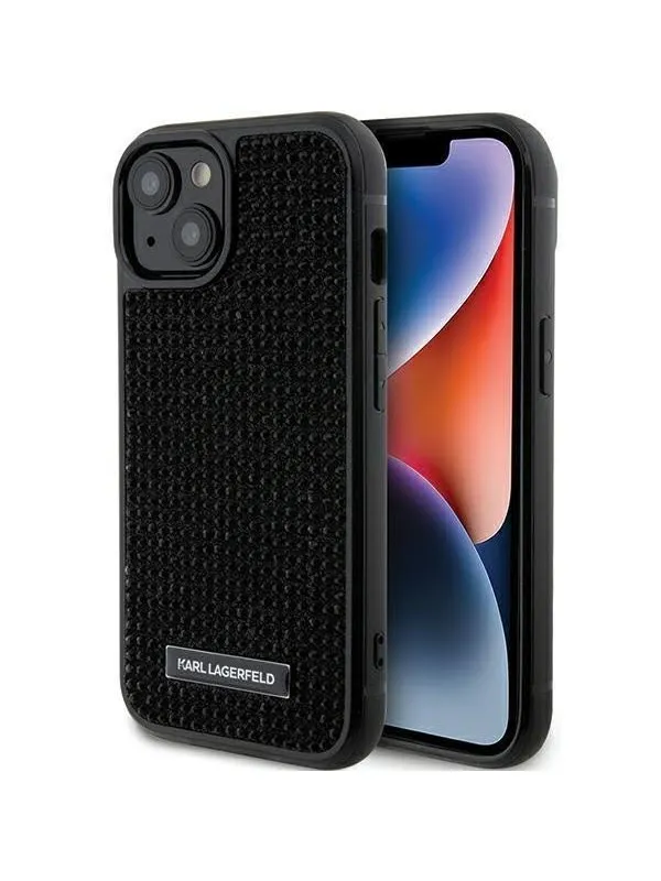 Karl Lagerfeld Rhinestone Logo Metal Plate case for iPhone 15 - black