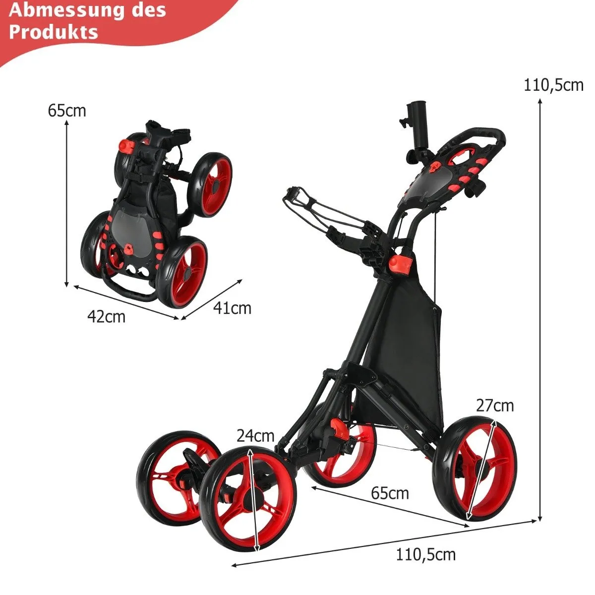 Golfvogn 4-hjuls Golfvogn Golfvogn Golf sammenleggbar Golf Caddy Golf Push Cart laget av rødt aluminium