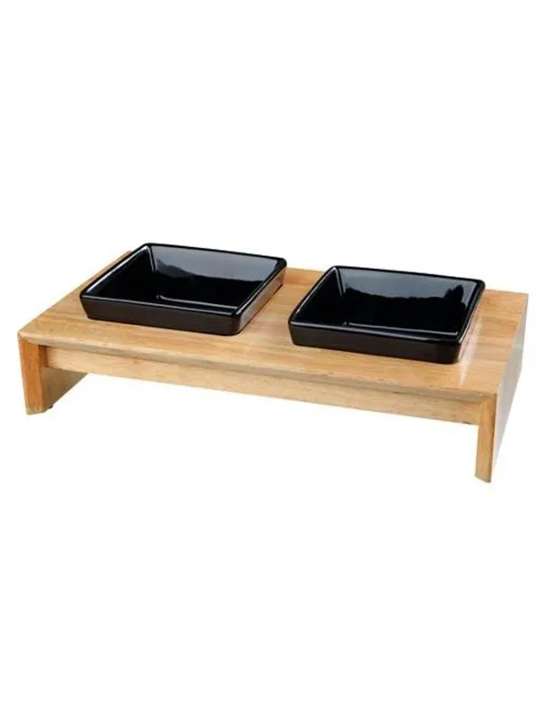 Trixie Bowl set ceramic/wood 2 × 0.4 l/13 × 13 cm/36 × 7 × 19 cm black