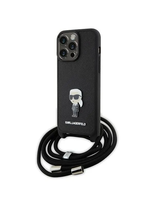 Karl Lagerfeld Crossbody Saffiano Monogram Metal Pin Karl & Choupette Case for iPhone 15 Pro Max - Black