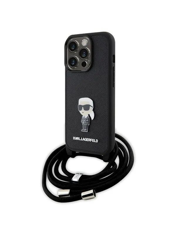 Karl Lagerfeld Crossbody Saffiano Monogram Metal Pin Karl & Choupette Case for iPhone 15 Pro - Black