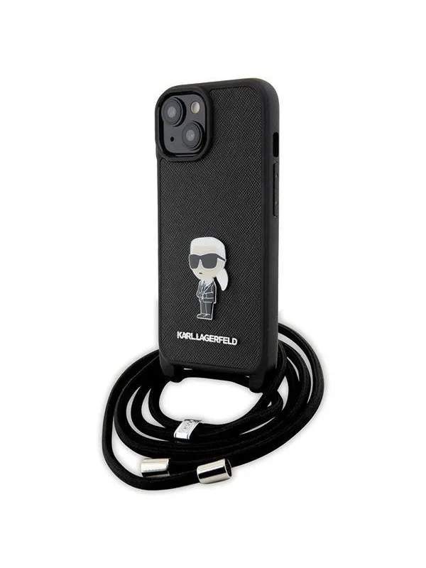 Karl Lagerfeld Crossbody Saffiano Monogram Metal Pin Karl & Choupette Case for iPhone 15 - Black