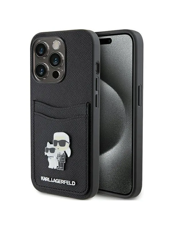Karl Lagerfeld Saffiano Cardslot Karl&Choupette Metal Pin case for iPhone 15 Pro - black