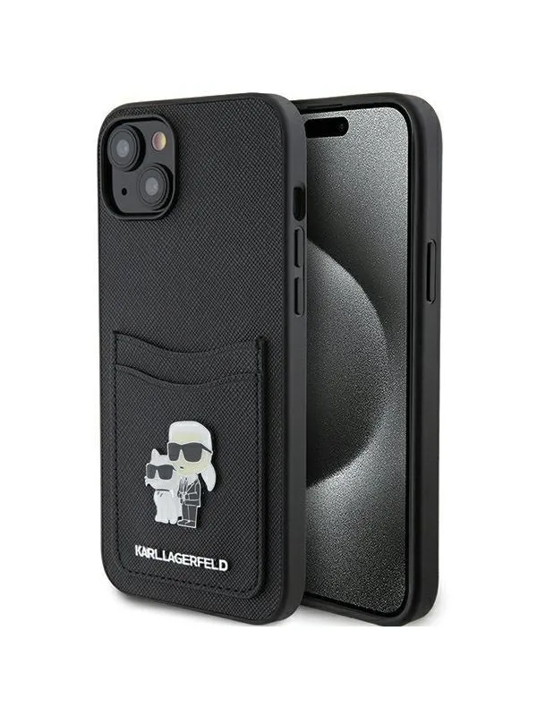 Karl Lagerfeld Saffiano Cardslot Karl&Choupette Metal Pin case for iPhone 15 - black
