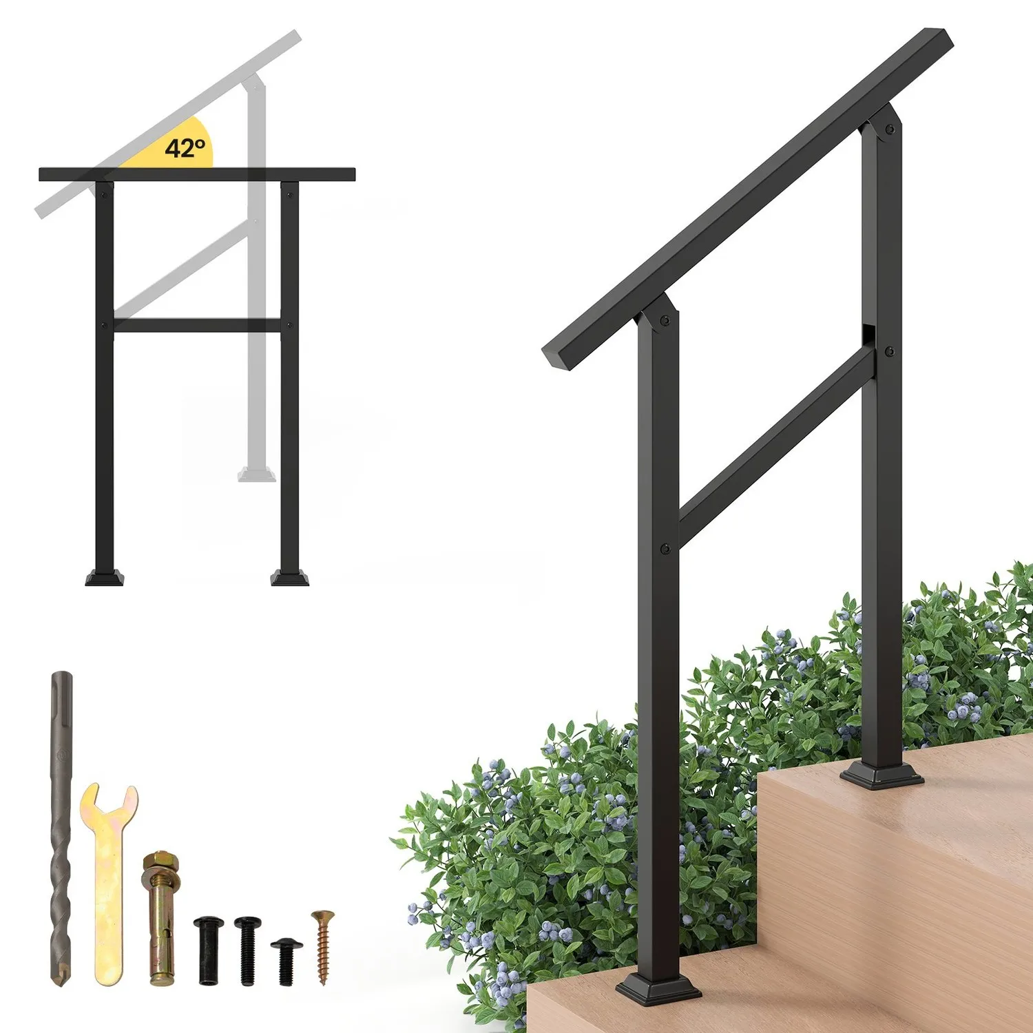 Justerbart utendørs trappehåndtak, 70 cm, metall, 150 kg kapasitet