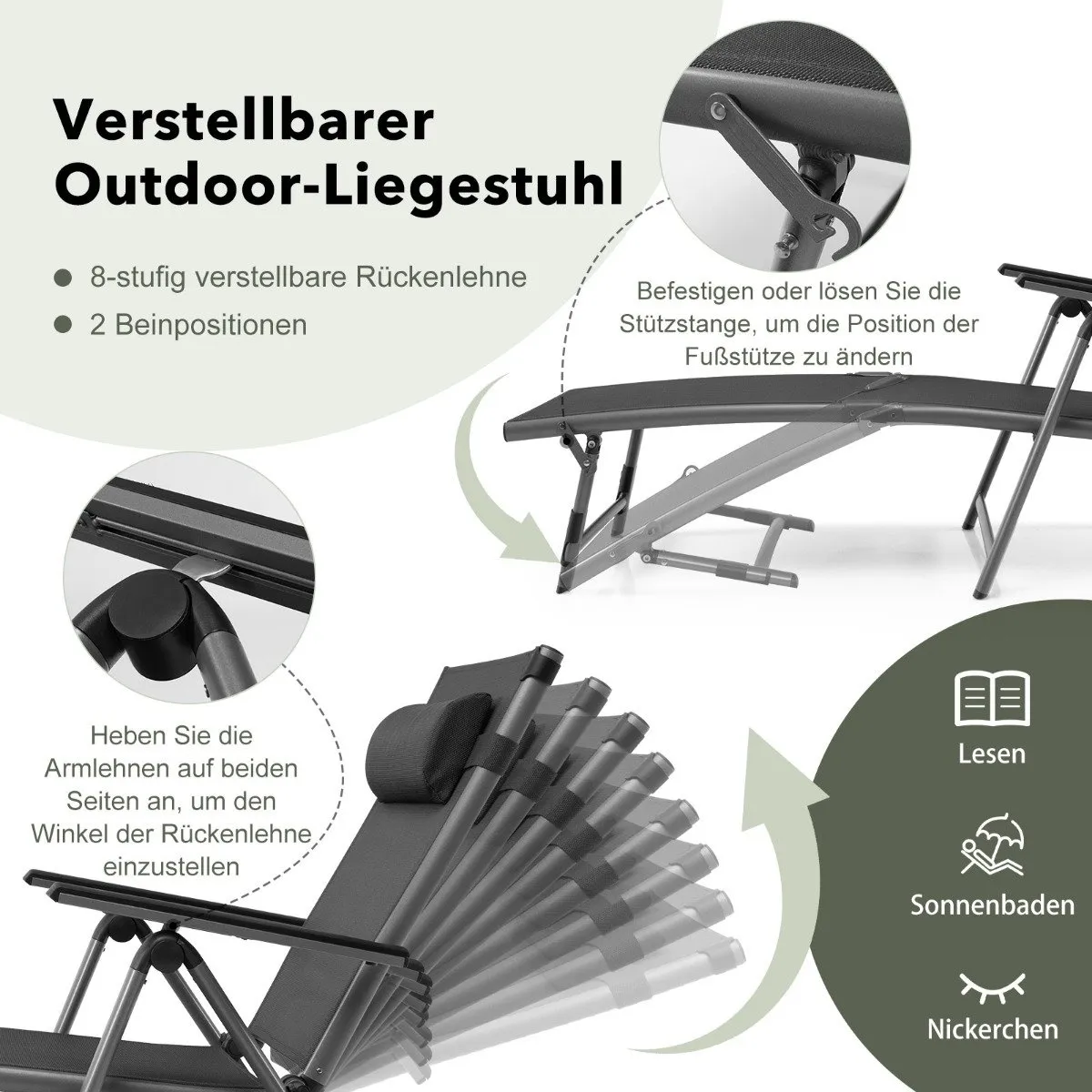 Patio dekkstol utendørs patio stol sammenleggbar solseng med 8 justerbare rygger svart