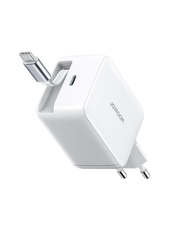 Joyroom JR-TCL06 67W GaN Wall Charger with Built-in Retractable USB-C Cable - White
