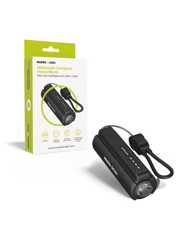 Mobile Origin 5000mAh Compact PowerBank PB7 with Flashlight and USB-C Cable Nødlader - Svart - 5000 mAh