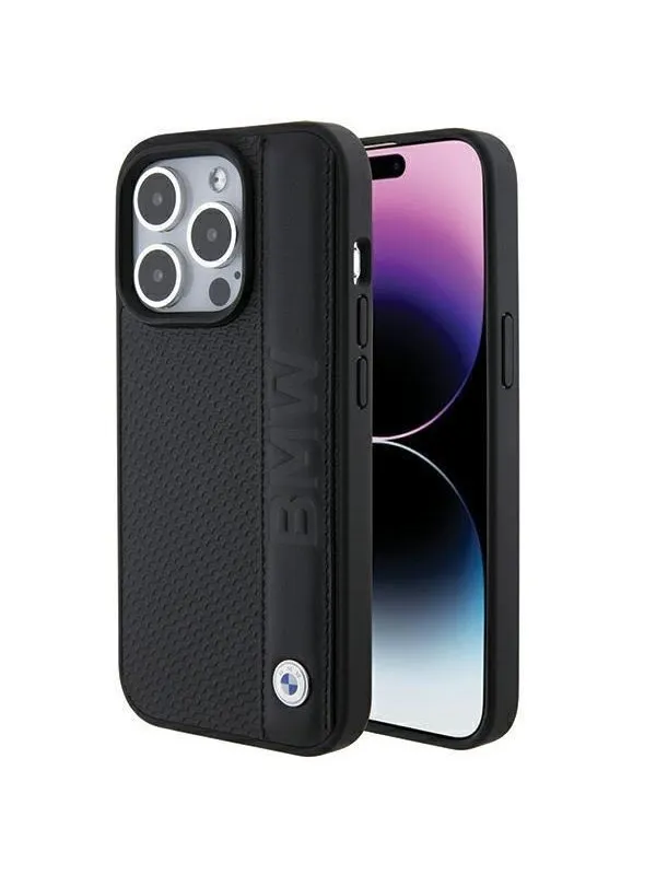 BMW Leather Textured & Stripe iPhone 15 Pro Max Case - Black
