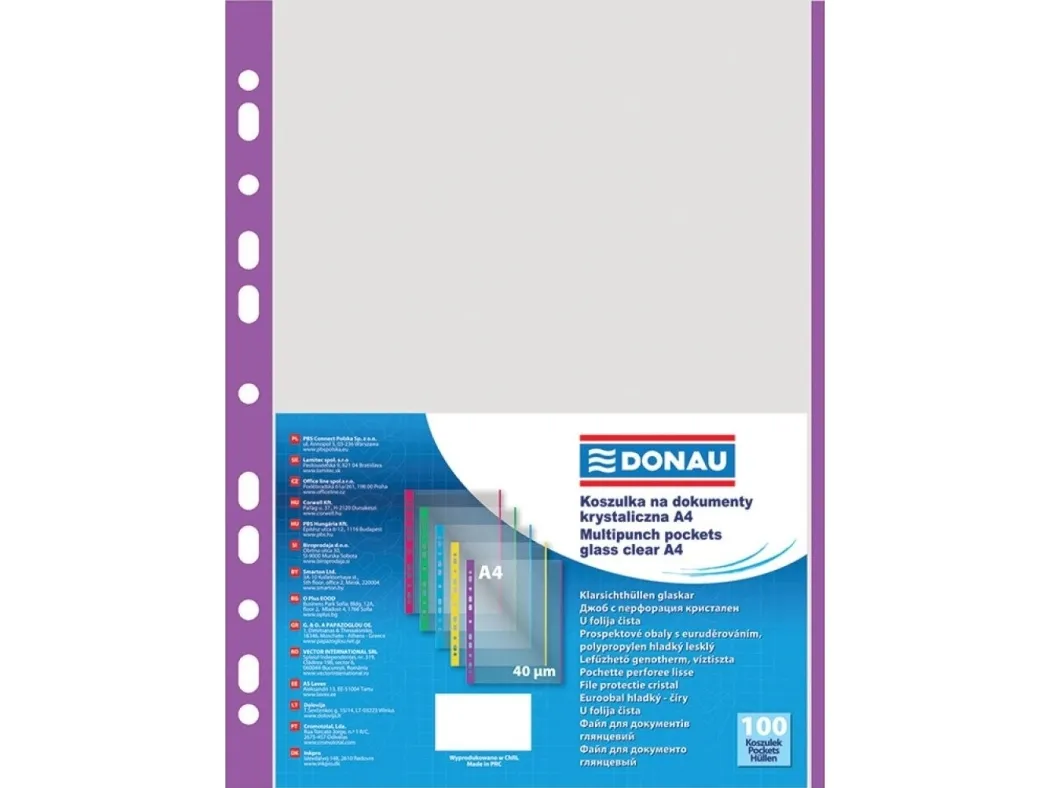 Donau dokumentlommer PP A4 krystall 40 mik. farget kant - lilla (100 stk.)