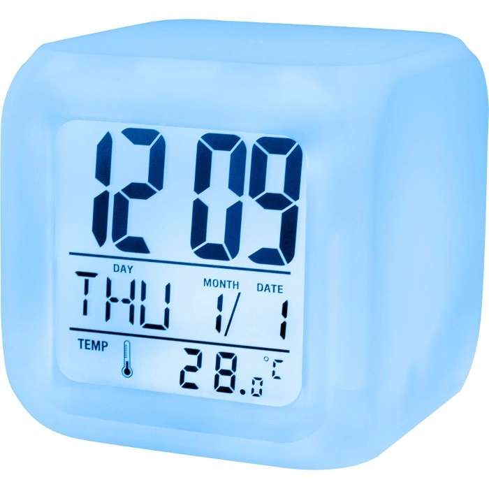 Setty digital vekkerklokke med dato og temperatur, skifter farge