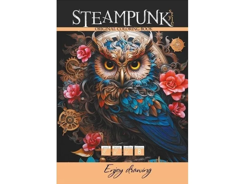 Fargelegg A4 8 bilder Steampunk Ugle