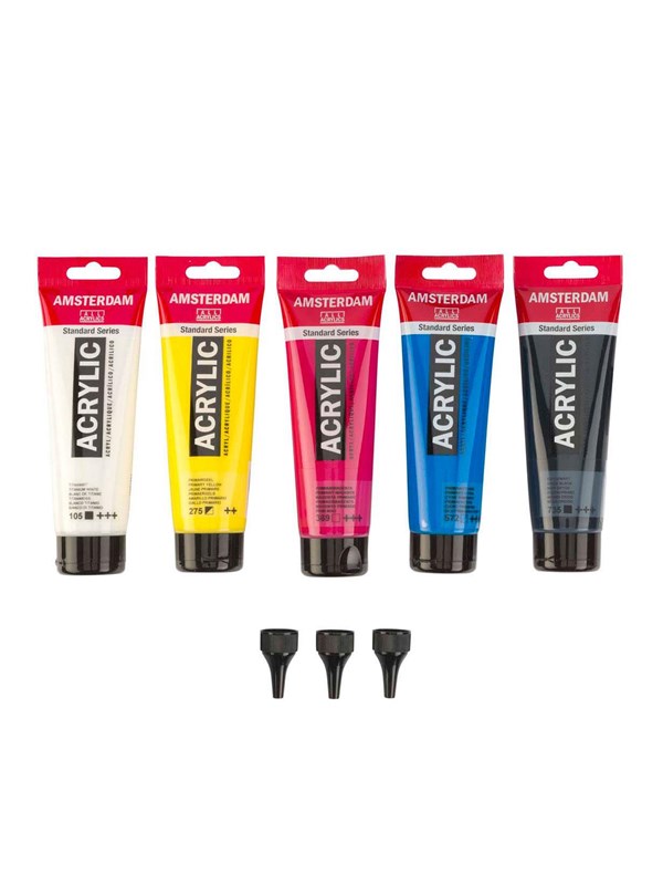 Bruynzeel Amsterdam Standard Series Acrylic Paint Primary Set 120ml 5pcs. + 3 Dosing Spouts