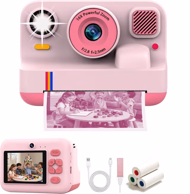 NÖRDIC 2,4"" HD Instant-kamera, Mini kamera med fotoutskrift/videoinnspilling, kompatibel app, Rosa