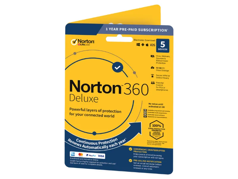 Norton 360 Deluxe sikkerhetsprogram 5 enheter 50 GB skylagring 1 år