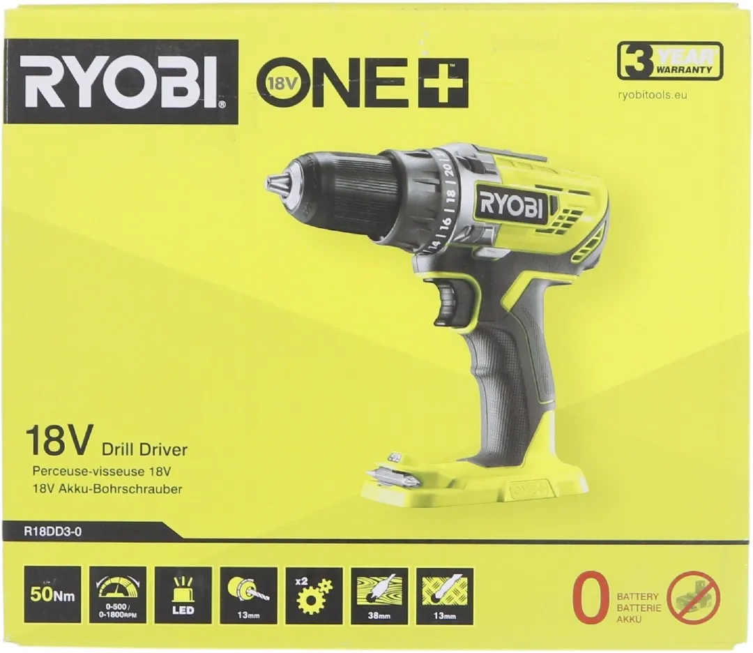 Ryobi One+ R18DD3-0 - Drill/driver - trådløs - 2 hastigheter - nøkkelfri borhylse 13 mm - 50 N·m - uten batteri - 18 V