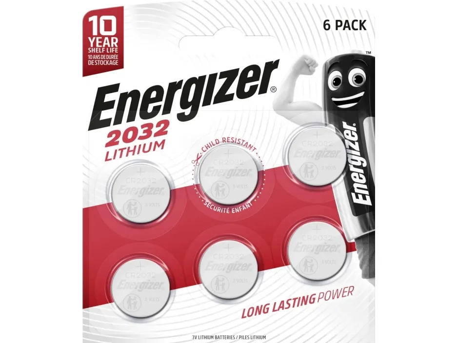 Knapcelle batterier Energizer Lithium CR2032, 3V, pakke a 6 stk.