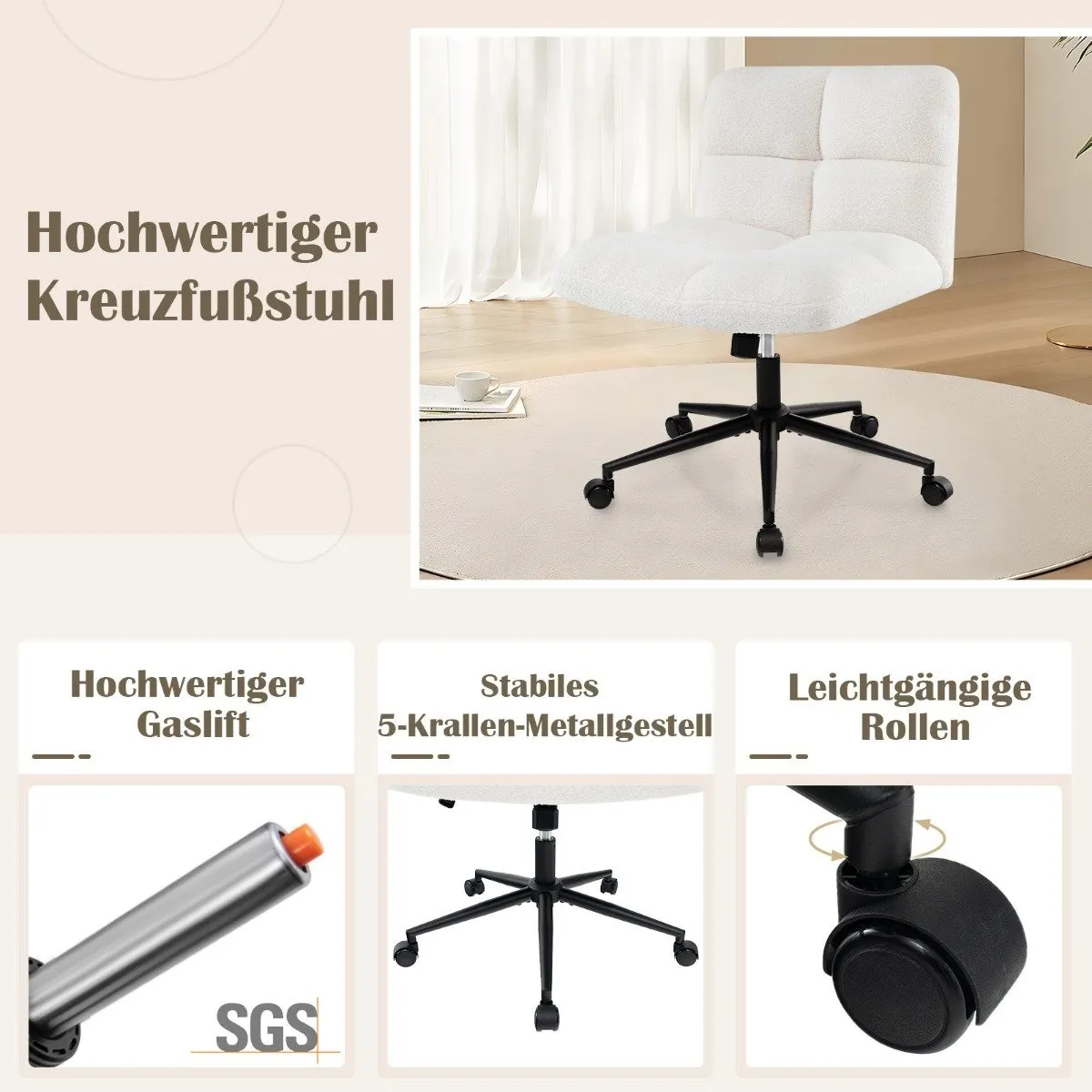 Kontorstol uten armlener, bredt sete, 160 kg kapasitet, beige