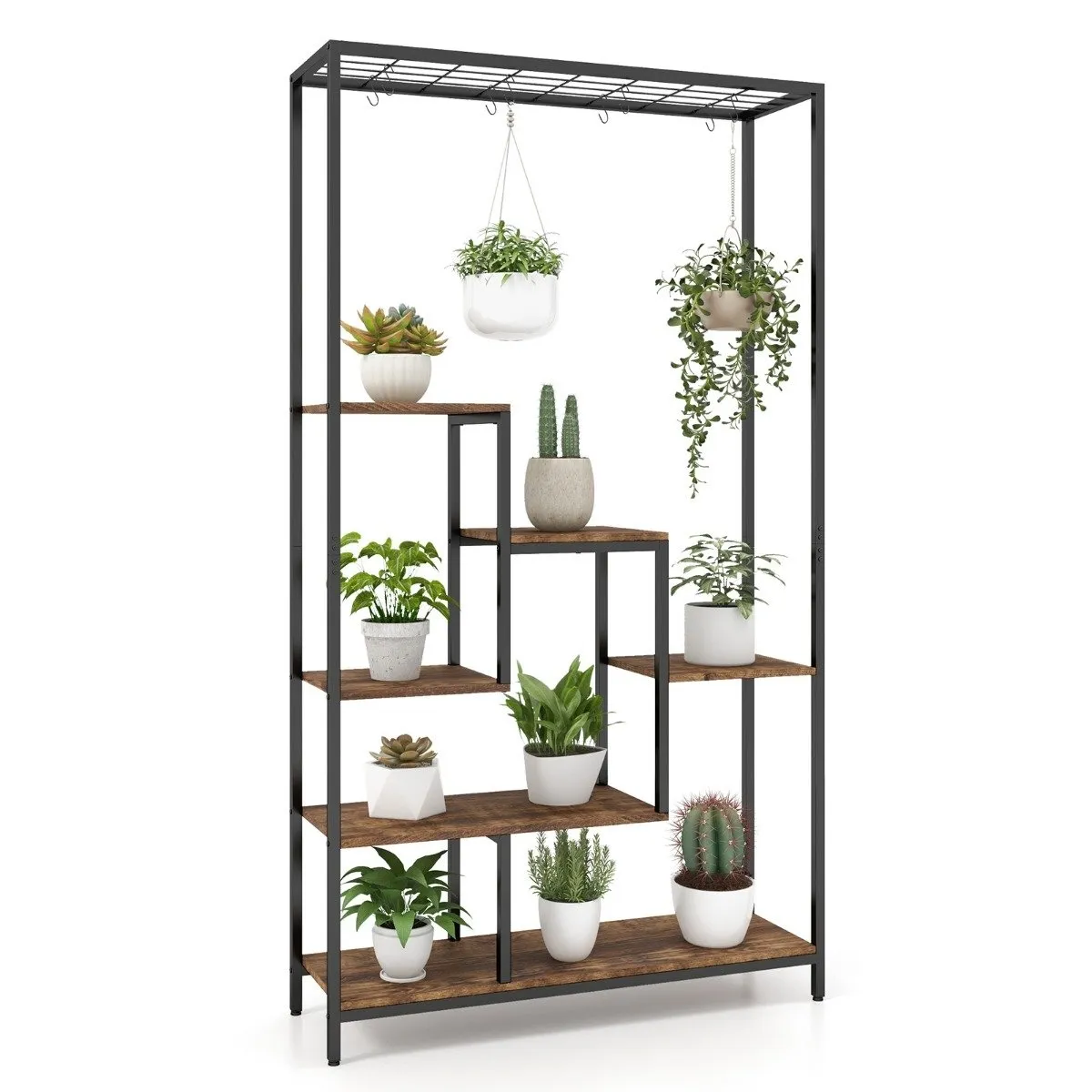 Plantestativ 6 etasjer 180 cm plantehylle metall med 10 S-kroker sort + rustikk brun