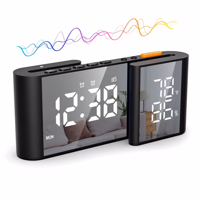 S-formet vekkerklokke FM-radiodimmer dobbel alarm digital klokke termohygrometer